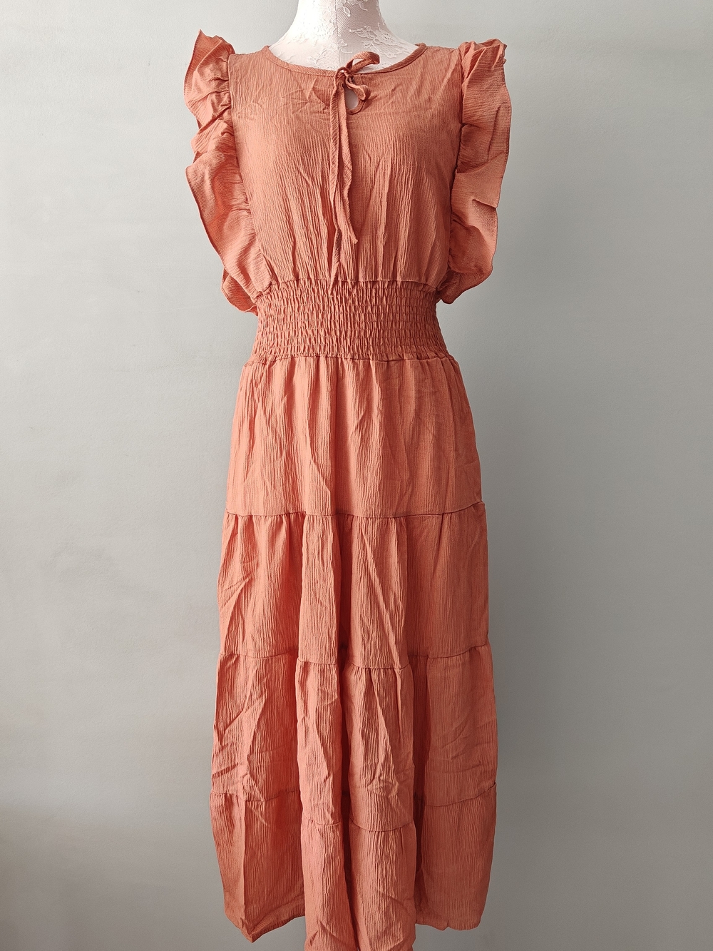 Burnt Orange Women's Ruffle Tiered Maxi Dress Small Coquette Cottagecore Smocked
